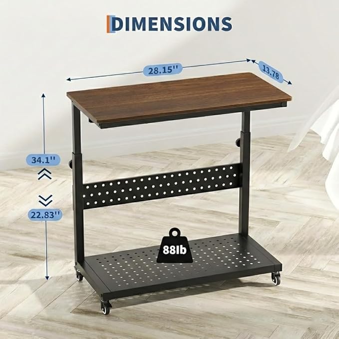 2-Tier Rolling Computer Tower Stand with Cable Management Rack, Height Adjustable CPU Holder Cart with Hooks for Gaming Home Office, PC Stand Fits Under Desk,Walnut