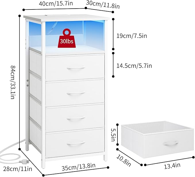 Fixwal Tall Nightstand with Charging Station, Night Stand with U-S-B Ports and Outlets, 4 Fabric Storage Drawers with PU Finish, Small Dresser Bed Side Table, White
