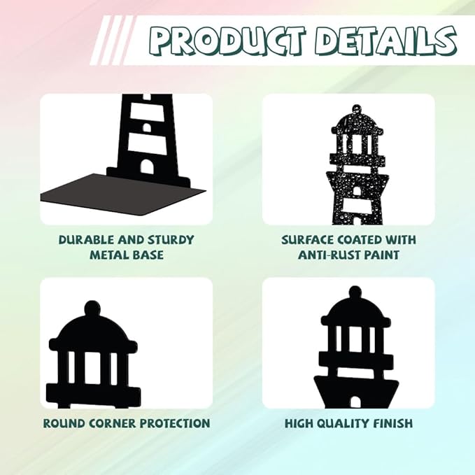 Peacoblue Metal Bookends for Shelves, Modern Decorative Heavy Duty Study Book Support Stoppers for Office, Desk, Shelf, Room 5.3"x4.3"x7.9" Cast Iron Simple Tall Bookends, 1 Pair (Lighthouse)