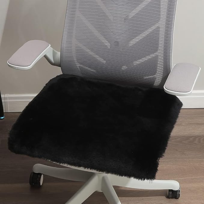 LLB Sheepskin Chair Covers Office Chair Cushion Dining Room Chair Pads Desk Chair Seat Cushion for Computer Chair Fur Area Rugs for Living Room 19x19 Inch (Pack of 1), Shearling Black