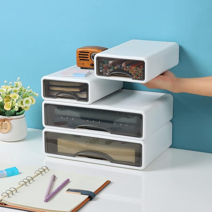 White Desktop Drawers for Paper, Stackable Office Storage Drawers for Desk, Craft Organizer and Storage Bins, 3 Mixed Storage Container with Plastic Drawers for Office Supplies