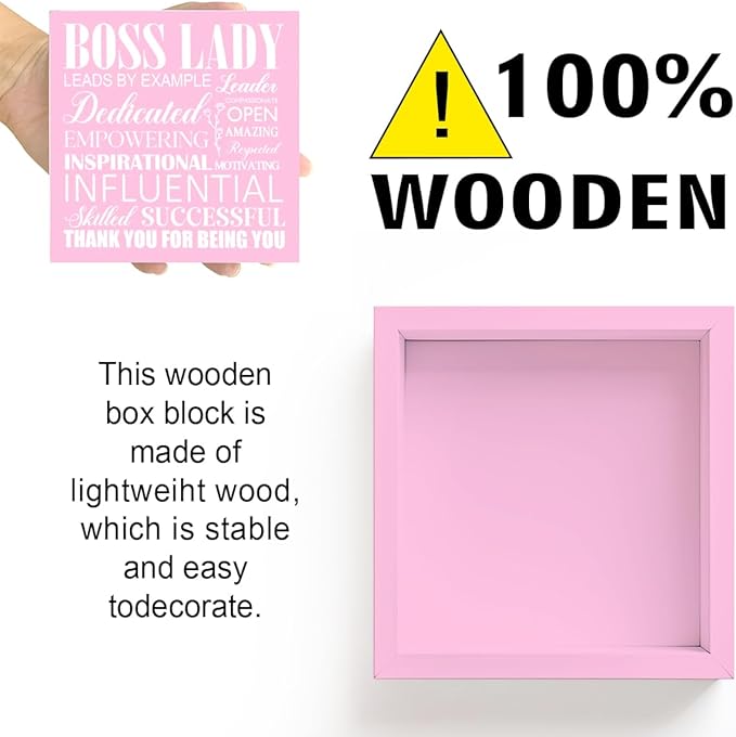 LVQHI Pink Office Desk Accessories, Boss Lady Leads Sign Wooden Box, Inspirational Desk Decor For Hr Women, Small Encouraging Office Cubicle Table Decoration Signs Wall Decor 5"L x 5"W x 1.2"H