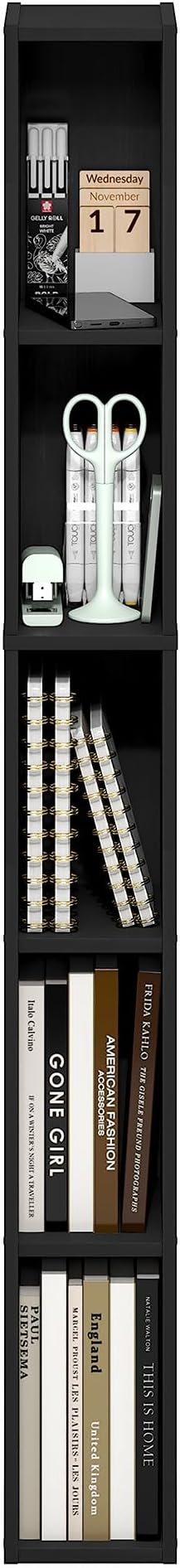 Furinno Fulda Book Shelf, 5-Tier Tall Narrow Bookshelf, Standing Bookcase with 6-in Width Storage Shelf, 9.3 x 5.9 x 51.9, for Organization Storage, for Living Room, Bedroom, Home Office, Blackwood