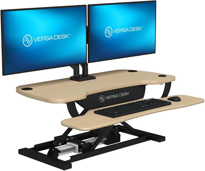 VERSADESK® PowerPro™ 36” x 24” Standing Desk Converter | 36 Inch Electric Height Adjustable Sit to Stand Desk Riser w/Keyboard Tray & USB Hub - Ergonomic Workstation for Home & Office, Maple
