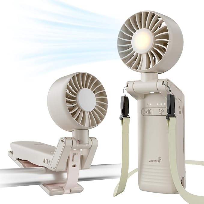 GROWNSY Portable Stroller Fan with Clip | Foldable Mini Fan for Carrier | Small Handheld Fan with Soft Night Light | Rechargeable 4-Speed Personal Fan for Travel/Desk/Bed/Backpack/Car Seat (Beige)