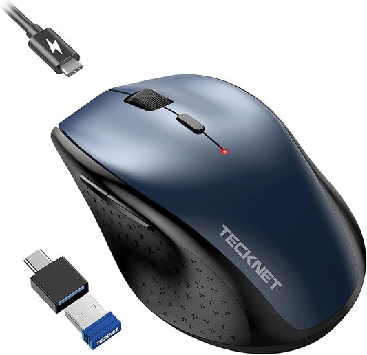 TECKNET Rechargeable Mouse with Jiggler, Plug & Play, 2.4G Connection with USB-C Adapter, Silent Mouse Quiet Click, 6400 DPI Ergonomic Mouse, Cordless Computer Mice for Laptop, Desktop, PC
