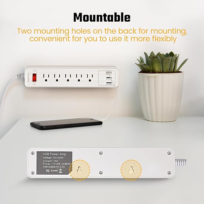 Power Strip, SUPERDANNY Surge Protector, 5 Outlets, 3 USB Ports, 4.5 Ft Extension Cord, 900 Joules, Mountable, Overload Switch, Protected Indicator Light, Multiple Protections for Home Office, White