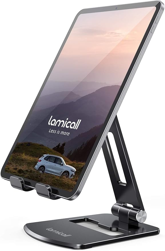 Lamicall Adjustable Tablet Stand Holder - Foldable Phone Dock, 360°Rotating Desktop Tablet Mount Gifts, for 4.7-13" Tablets, iPad Pro 11, 12.9 Air Mini, Tabs, Kindle, iPhone Air 17 Pro Max, Black