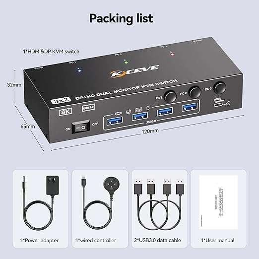 HDMI Dispalyport KVM Switch 2 Monitors 3 Computers 8K@60Hz/4K144Hz, USB3.0 Dual Monitor KVM Switches for 3 PC Share 4 USB 3.0 Ports and 2 Screens, with 3 USB Cables and Wired Remote