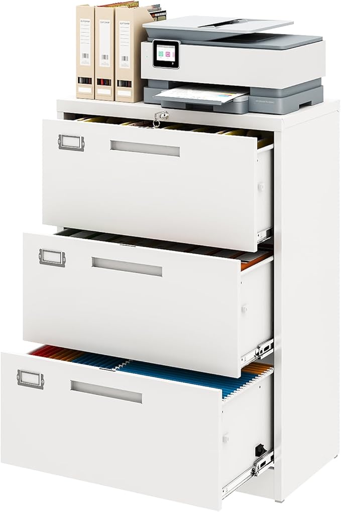 Metal Lateral 3 Drawer File Cabinet, Wide Filing Cabinet with Lock for Home Office Organization Hanging Files Letter/Legal/F4/A4 Size (White, Assembly Required)