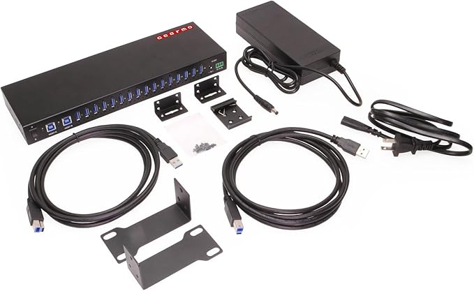 Gearmo 16-Port Rack Mount USB Hub - Powered USB 3.0 Type A Ports, Dual Upstream Ports, 5Gbps Speed, ESD Surge Protection, 1U Rack Industrial USB Hub