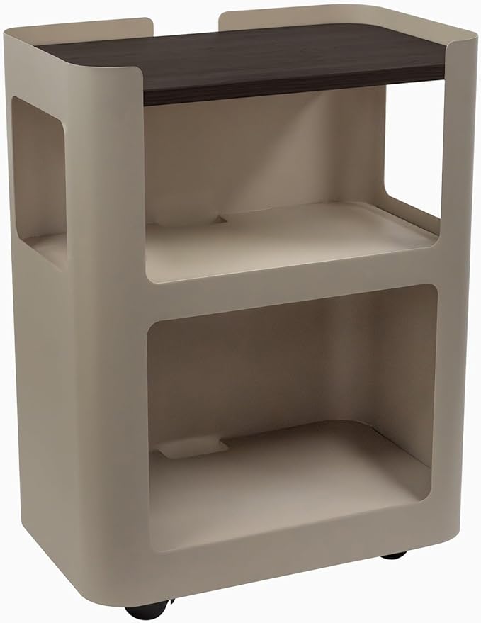 Desky Minimal Open Mobile Pedestal – 3-Tier Open Storage Cabinet with Hidden Swivel Casters and Integrated Cable Management, Light Brown Frame/Burnished Wood