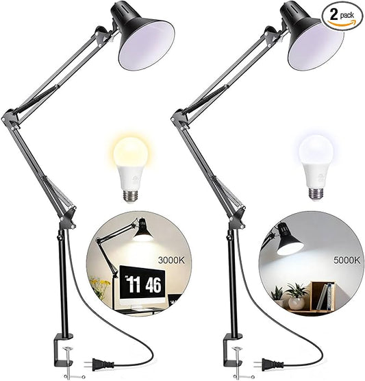 2 Pack LED Desk Lamp With Clamp for Office Home, Eye-Caring Desk Light with 360°Adjustable Extra Tall Metal Swing Arm, High Intensity Clamp w/A19 E26 Bulb for Working Reading, Table Lamps White/Warm