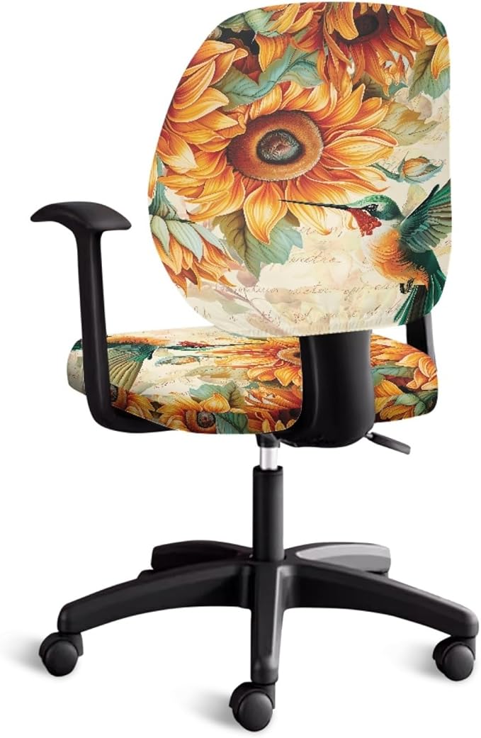GLENLCWE Hummingbird Sunflower Stretch Desk Office Chair Seat Covers,Universal 2 Pack Computer Chair Slipcovers Washable Backrest Coverings and Cushion Covers