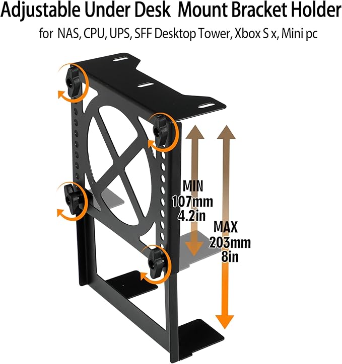 Adjustable Under Desk Mini PC Mount Bracket Holder for PCS or NAS,Heavy-Duty Adjustable Under Desk Mount for Desktop NAS 1/2/4(Network Attached Storage),CPU,Mini PC,UPS,SFF Desktop Tower,Xbox Series X