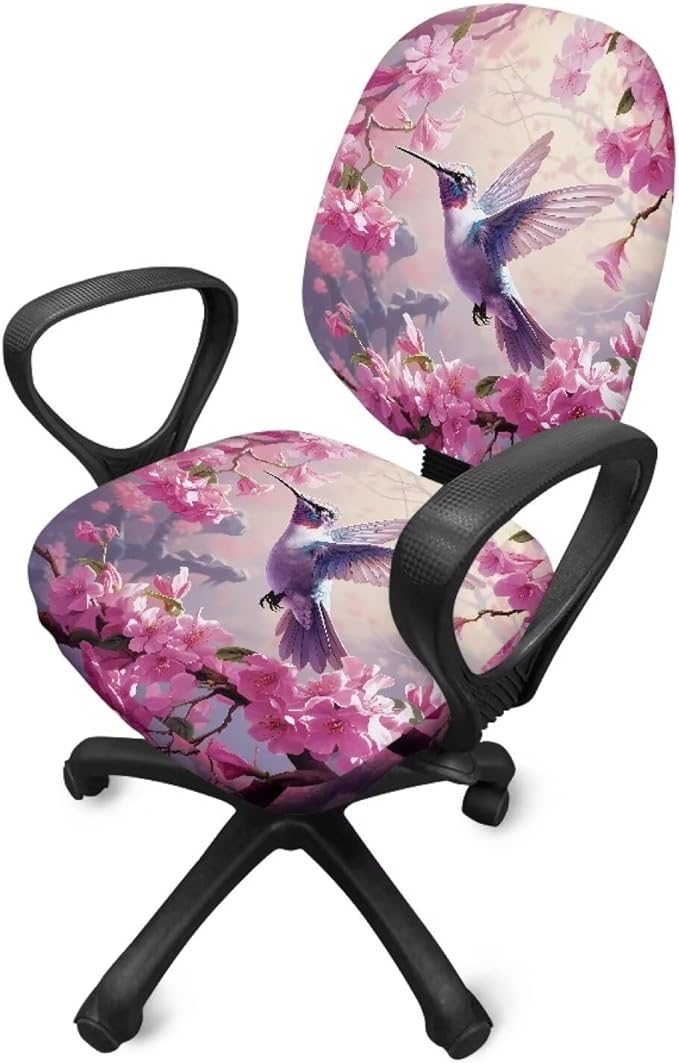 Hummingbird Flower Office Chair Covers Washable Computer Chair Cover Ethnic Split Protective Stretch Desk Chair Seat Covers Dorm Computer Rotating Chair Slipcover Party Favor Pink