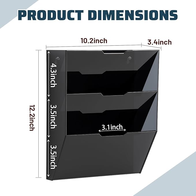 Chunful 3 Tier Mail Sorter Letter Wall Holder Black Acrylic Wall Mounted Mail Organizer Hanging File Envelope Pocket Plastic Mount Document Holder for Home Office Entryway