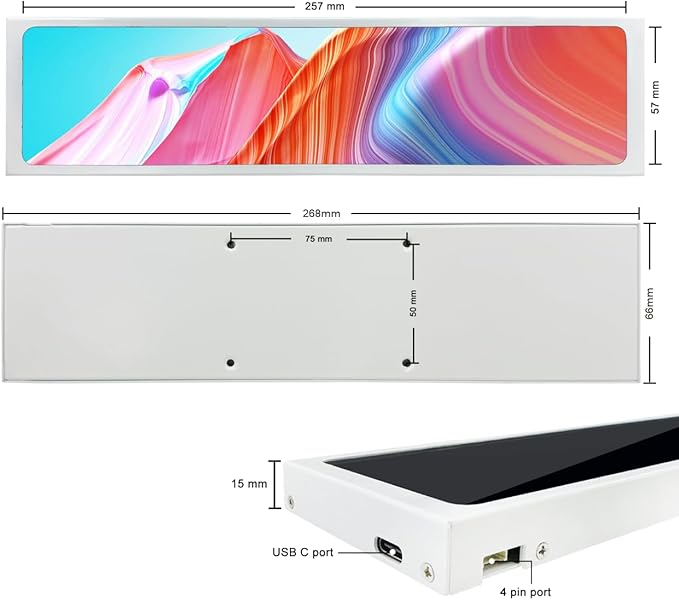 11.3 Inch Stretched Bar Monitor - One Cable Connection(No HDMI Needed) FHD IPS 1920x440 LCD Display, PC Secondary Screen for Aida64 CPU GPU RAM Tep Monitoring for Windows 10/11 Only -White