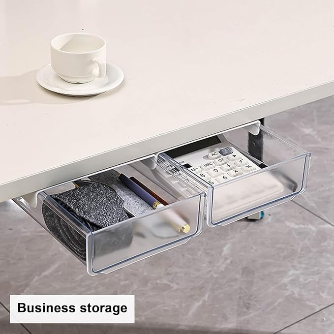 Self-adhesive Under Desk Drawer Organizer, Table Hidden Slide Out Large Storage Mounted Desktop Pencil Holder Tray Drawers for Office Home School Stationery Kitchen (White)