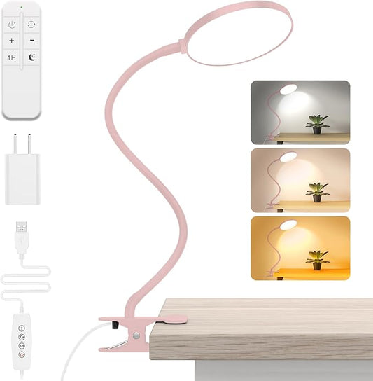 iFalarila Reading Light with Remote, LED Desk Lamp Clip on [1H Timer & Nightlight] RA>95 Dimmable Flexible Gooseneck, Reading Lamp with Clamp for Table - 4.7'' (Adapter Included)