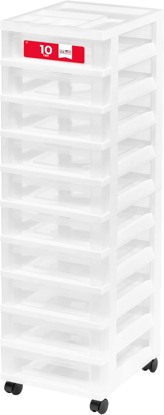 IRIS USA Plastic Drawer Storage Organizer Rolling Cart, with Wheels Casters, 10-Drawers, for Classroom Art Craft Supplies Dresser Closet Bathroom Laundry Room, White/Clear