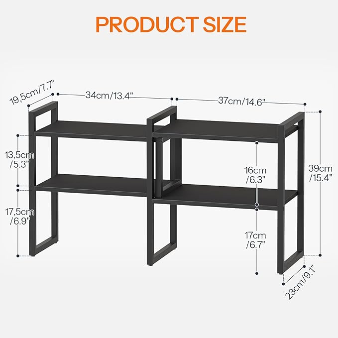 HOOBRO Desk Shelf Organizer, Adjustable Desktop Bookshelf, 2-Tier Shelf for Top of Desk, Wooden Office Storage Rack, for Office, Study, Kitchen, Dorm, Black BB39SJ01