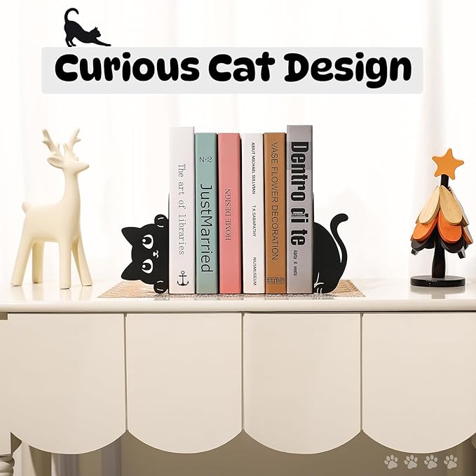 Peeking Cat Metal Bookends Set of 2 with Wider Base, Cute Decorative Book Ends for Shelves Bookshelf Office Home Decor Gift for Cat & Book Lovers
