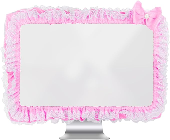 23"-27" Lovely Cute Computer Monitor Cover with Lovely Cute Elastic Pen Pocket Bow-knot TV LCD Screen Monitor Decoration Dust Cover Protector, Lace Fabric, Pink