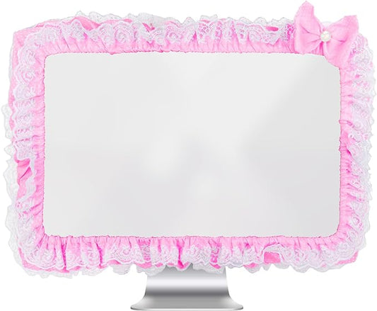 23"-27" Lovely Cute Computer Monitor Cover with Lovely Cute Elastic Pen Pocket Bow-knot TV LCD Screen Monitor Decoration Dust Cover Protector, Lace Fabric, Pink