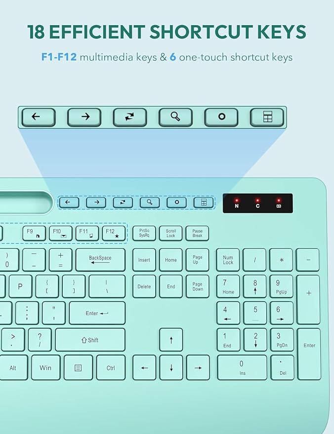 SABLUTE Wireless Keyboard and Mouse, Wrist Rest, Phone Holder, Batteries Included, 2.4G Lag-Free Ergonomic Keyboards Mouse Combo, KM23D Silent Keyboards Set for PC, Laptop, PC, Windows, Mint Green