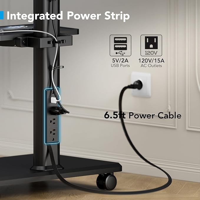 AX WABER Mobile TV Stand with Power Outlets&Shelf, Floor Portable TV Stand with Wheels for 27-65Inch LCD LED OLED Flat/Curved Panel Screen, Swivel,Height Adjustable&Wood Base, RollingTV Cart Black