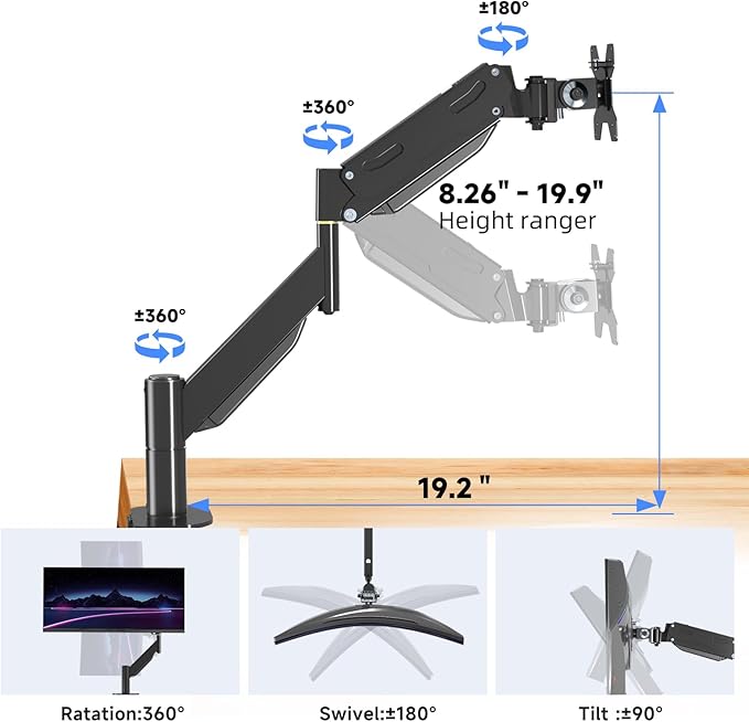 Pholiten Premium Aluminum Heavy Duty Monitor Arm, Ultrawide Monitor Mount with Clamp/Grommet Mounting Base, Adjuastable Gas Spring Arm for up to 49 inchs and 46.2lbs, Black