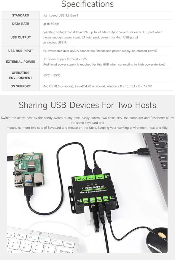 Waveshare Industrial Grade USB HUB, Extending 4X USB 3.2 Ports, Switchable Dual Hosts, Multi Protections