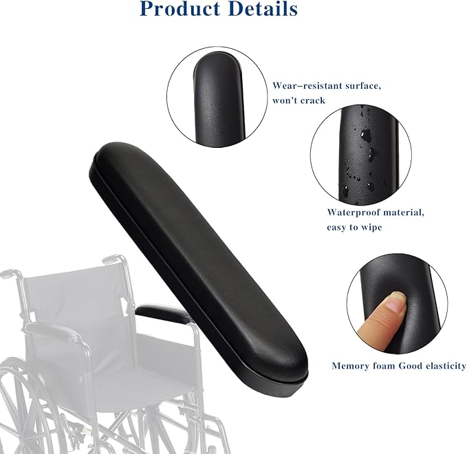 HMZ Full Length Padded Armrest Black 13-7/8" Long Wheelchair and Transport Chair arm Cushions, Black (1 Pair) Compatible with All Brands(13-7/8")