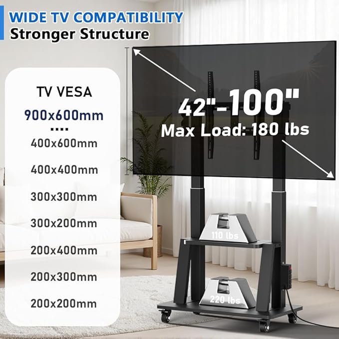 Mobile TV Cart with Power Outlet Rolling TV Stand for 42 to 100 inch Television Heavy Duty Portable TV Stand on Wheels, Height Adjustment, Holds Up to 180 LBS, Vesa 200×200-900×600mm