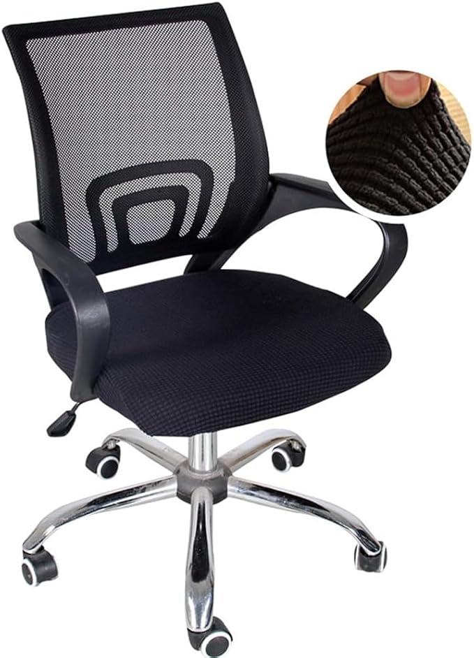 Sunnyway Stretchable Office Chair Seat Cover, Elastic Chair Slipcover with Tie Straps, Dining Chair Slipcover Machine Washable, Fits Seat Size 17.7"-21.7" (Black)