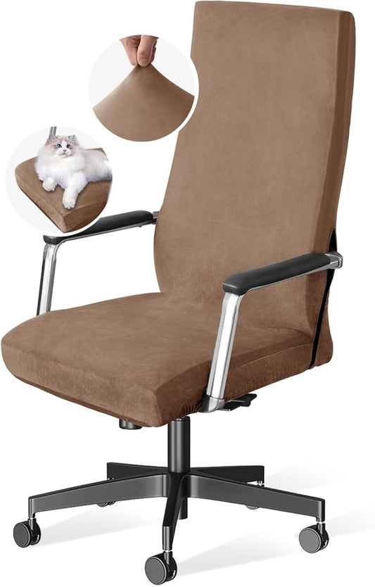H.VERSAILTEX Velvet Home Office Chair Covers Stretchable Computer Desk Chair Covers Mid - High Back Universal Executive Boss Chair Covers Gaming Chair Cover Removable Machine Washable, Camel