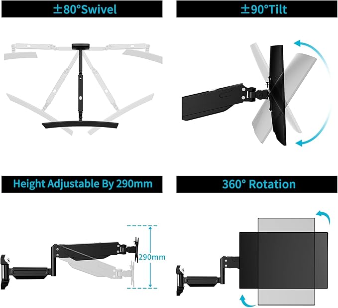Suptek Single Wall Mount Monitor for 13-32 Inch Screens, Full Motion Adjustable Gas Spring Wall Mount Monitor Arm Holds up to 22lbs, VESA 75x75/100x100 Wall Mount, Black