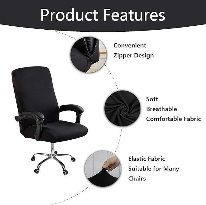 Office Chair Cover,Removable Desk Chair Cover with Zipper,Stretch Anti-dust Universal Rotating Office Seat Slipcover,Washable High Back Computer Seat Protector for Pets (Black, Medium)