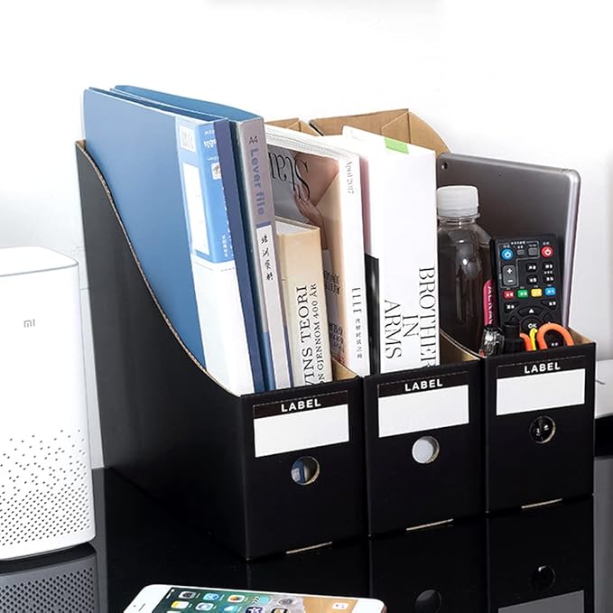 Foldable Desk File Holder Organizer Sturdy Cardboard Magazine Storage Box Document Rack with Blank Label Stickers for Home School Office (5, Matte Black)