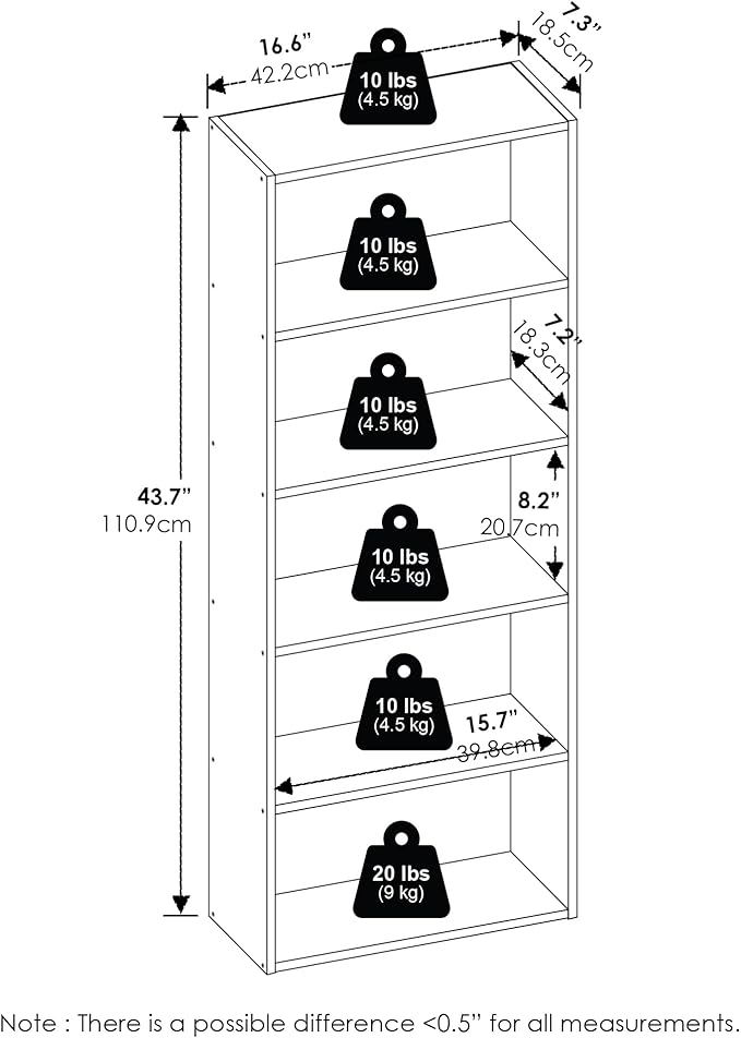 Furinno Basic Book Shelf, 5-Tier Bookshelf, Storage Organizer Bookcase with Open Shelf, 7 x 17 x 44, for Living Room, Bedroom, Home Office, White
