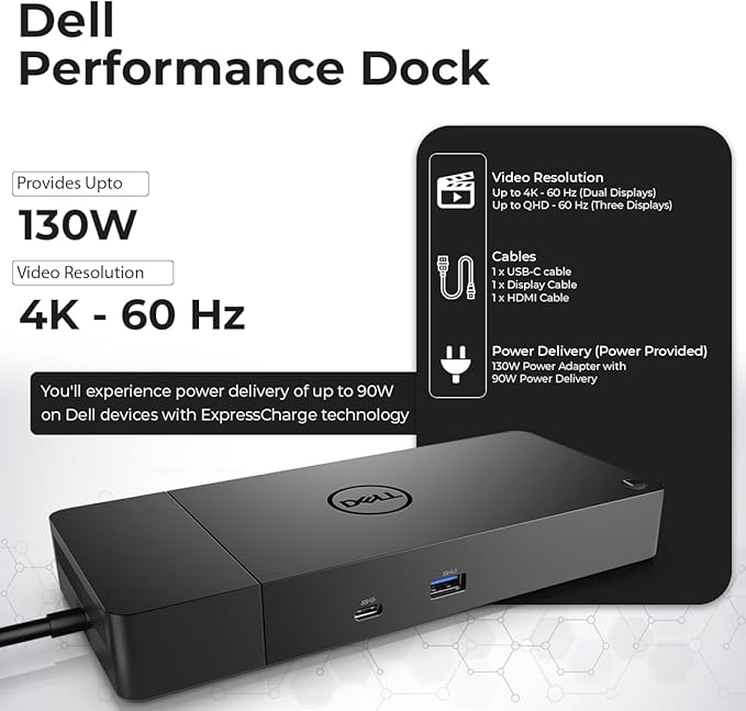 Dell WD19S Docking Station 130W (90W Power Delivery) - Dell Docking Station Dual Monitor for Laptop with 130W Power Adapter + Anyhdd HDMI Cable + DisplayPort Cable + USB-C Cable + Microfiber Cloth