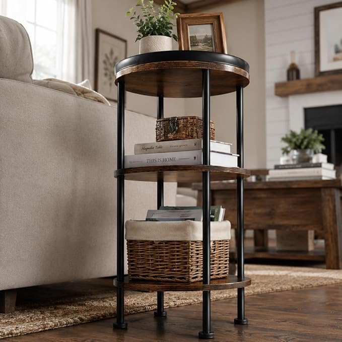 Small Round Side Table with Tray Top (Patented Design), 11.8" Narrow End Table for Small Spaces, 3-Tier Industrial Nightstand, Original Rustic Accent Furniture for Living Room Bedroom, Rustic Brown