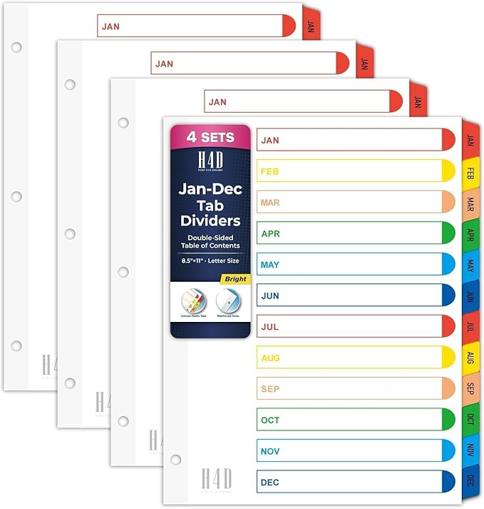 H4D Monthly Binder Dividers for 3-Ring Binder, Jan-Dec 12 Tab Dividers with Customizable Table of Contents, Multicolor Tabs, Reinforced Holes, Letter Size, Bright, 4 Sets