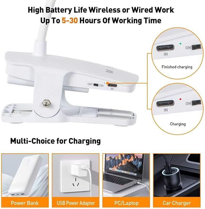 Cordless Clip on Desk Lamp with Clamp, 30 Lighting Modes (6 Colors x 5 Dimming Levels) Eye-Protect 450 Lumen, 360° Flexible Gooseneck & Foldable, Clip on Light for Bed Headboard / Puzzle,White 1 Pcs