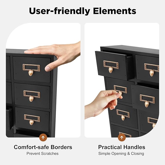 16-Drawer Wooden Desk Organizer Storage Box with Label Holders Vintage Wood Desktop Organizer, Desk Drawer Unit Collectors Box for Living Rooms, Bedrooms, Offices (Black, 1PC, 16 Drawers)