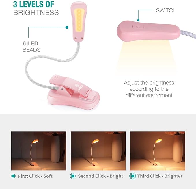 Vekkia 3000K Warm LED Rechargeable Book Light, Book Lights for Reading at Night, 3 Brightness, Up to 80 Hours, Lightweight, Great for Readers(Pink)