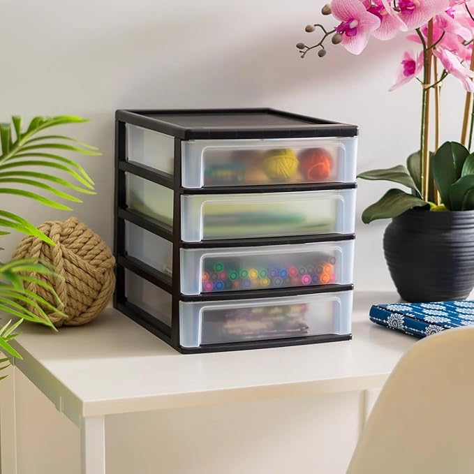 Set of 2 Medium 4-Drawer Desktop Organizer Stacking Black-Clear Durable Plastic Storage Unit for Home Office Desk Supplies Home Must-Have