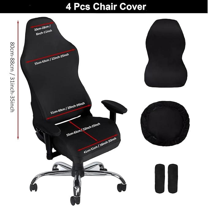 Gaming Chair Cover, Ergonomic Office Computer Game Chair Slipcovers, Stretchy Polyester Covers, 4pc/Set with Armrest Covers/Back/Seat Cover for Reclining Racing Gaming Chair Black