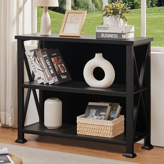 HOMBAZAAR Bookshelf,3 Tier Industrial Short Bookshelf with Metal Frame,Low Shelf Bookcase with Engineered Wood Shelves,Small Book Shelf for Living Room,Small Space and Office, Black